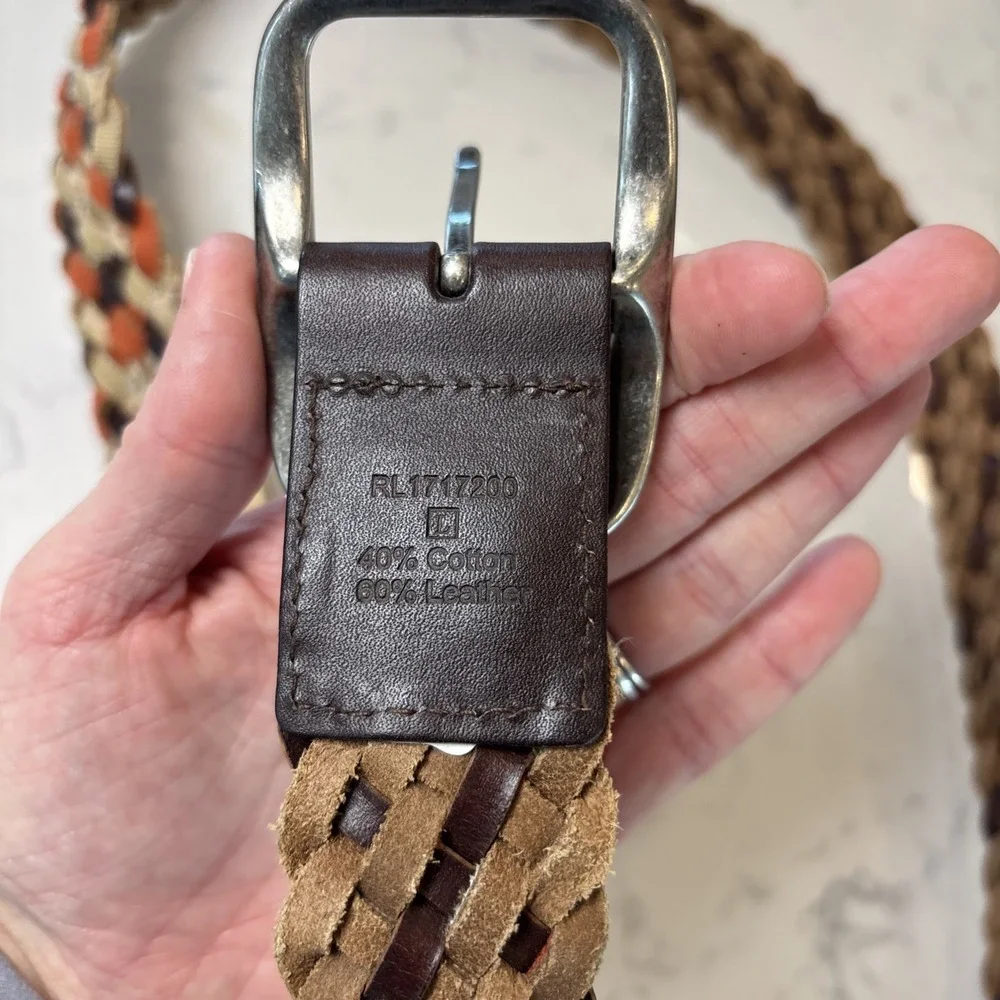 Boho Leather Cotton‎ Braided Belt Earthtone Floral Accent Homestead Women LG 44